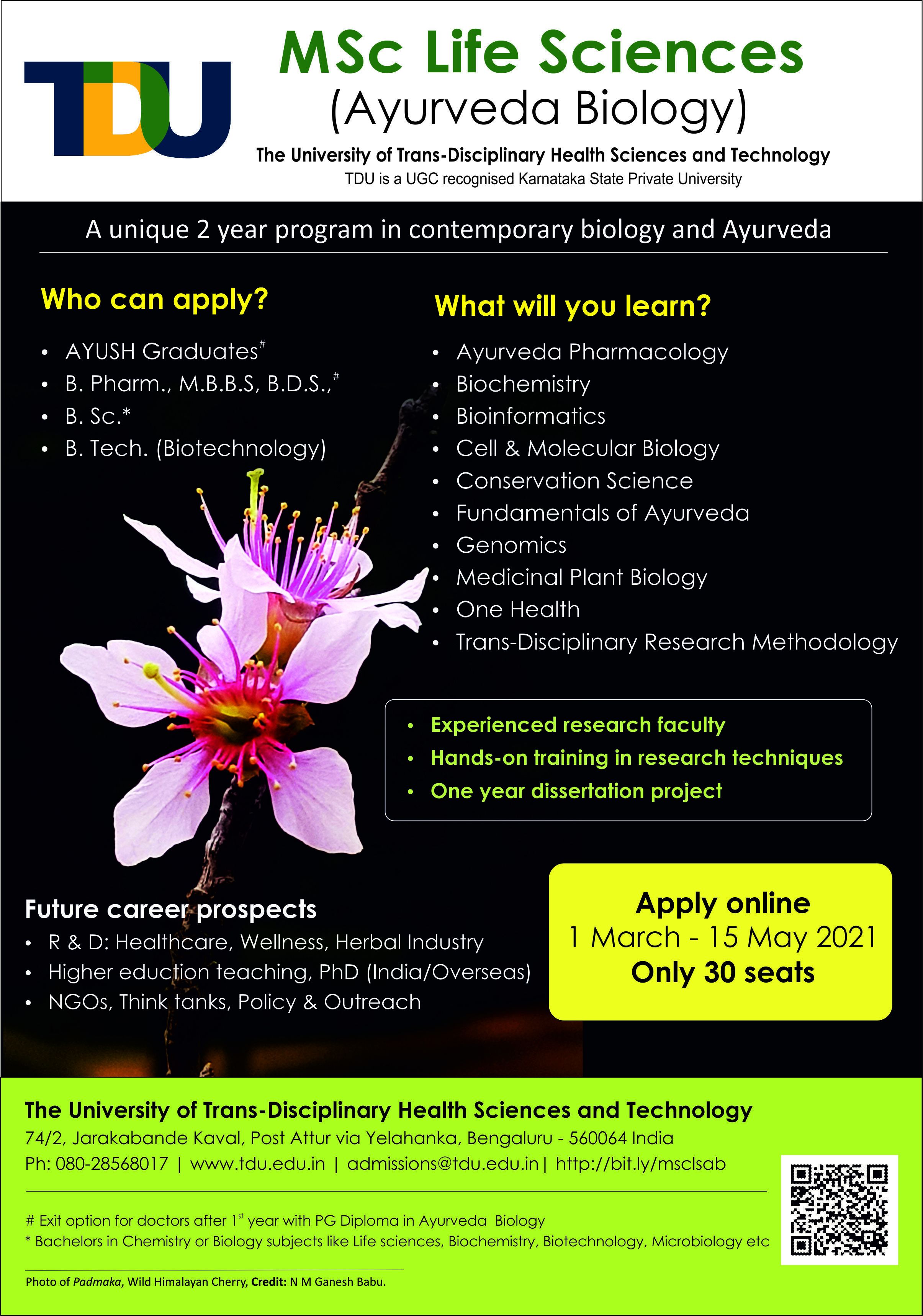 Applications open for M.Sc. Life sciences (Ayurveda Biology