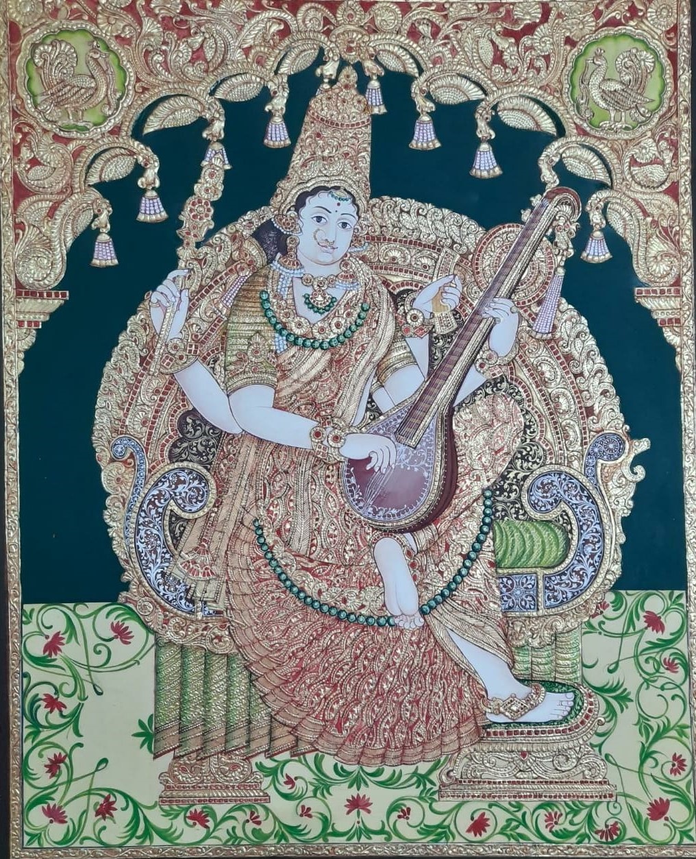 Saraswati 1, Mysore Painting (30"x24") International Indian Folk Art