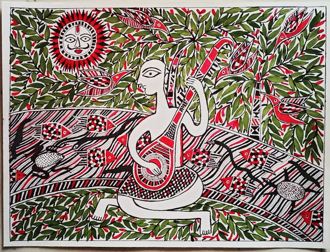 Sitar Player, Madhubani Painting (11" x 8") International Indian Folk