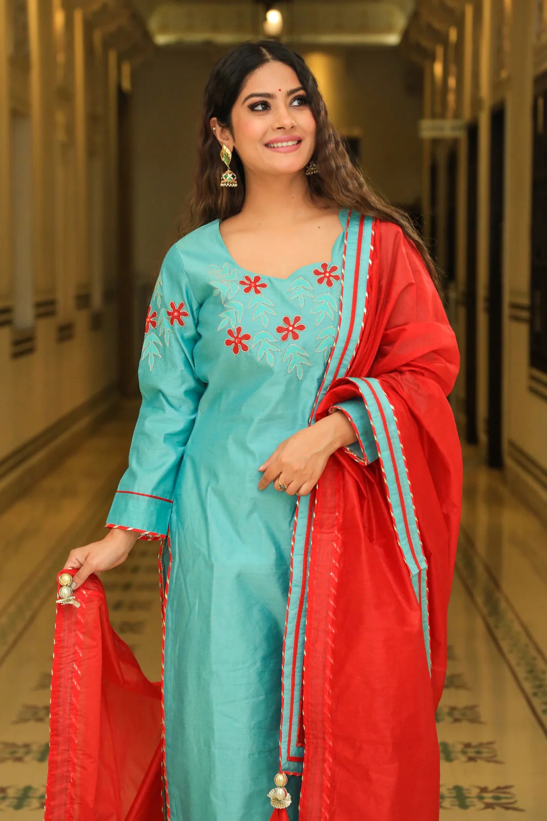 Juniper Green Embroidered Suit Set With Sangria Dupatta Indianvirasat