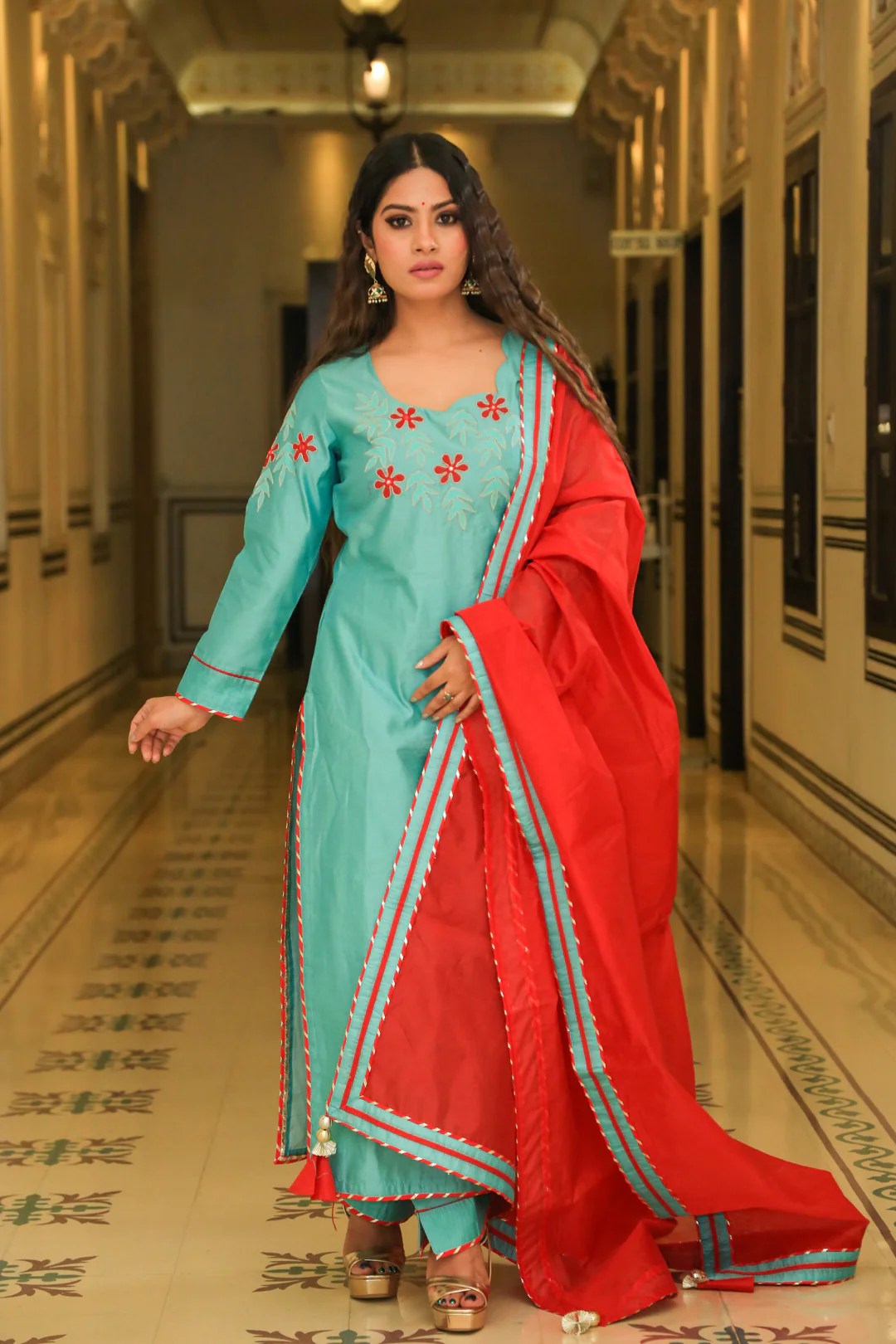 Juniper Green Embroidered Suit Set With Sangria Dupatta Indianvirasat