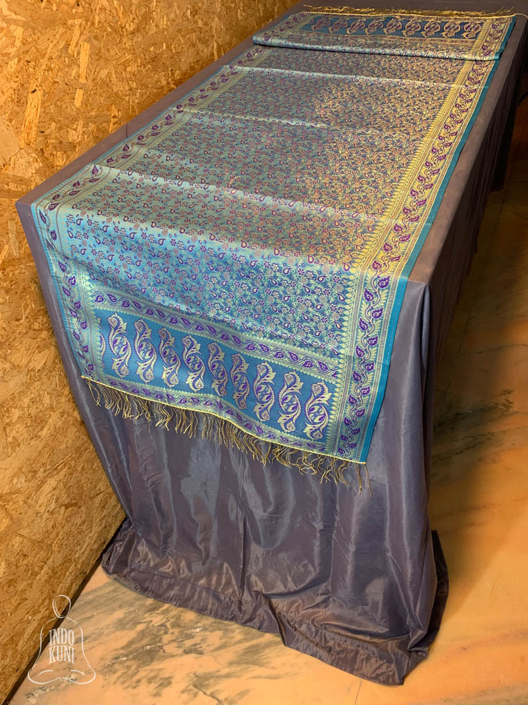 Light Blue Banarasi Silk Cotton Table Runner Indokuni