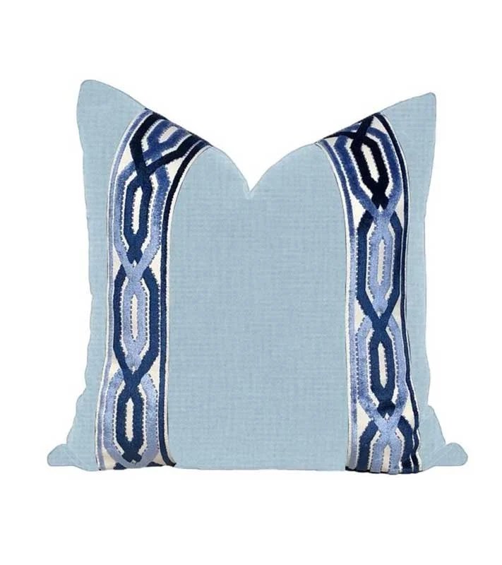 Designer Italian linen light blue Pillow Cover blue navy off white