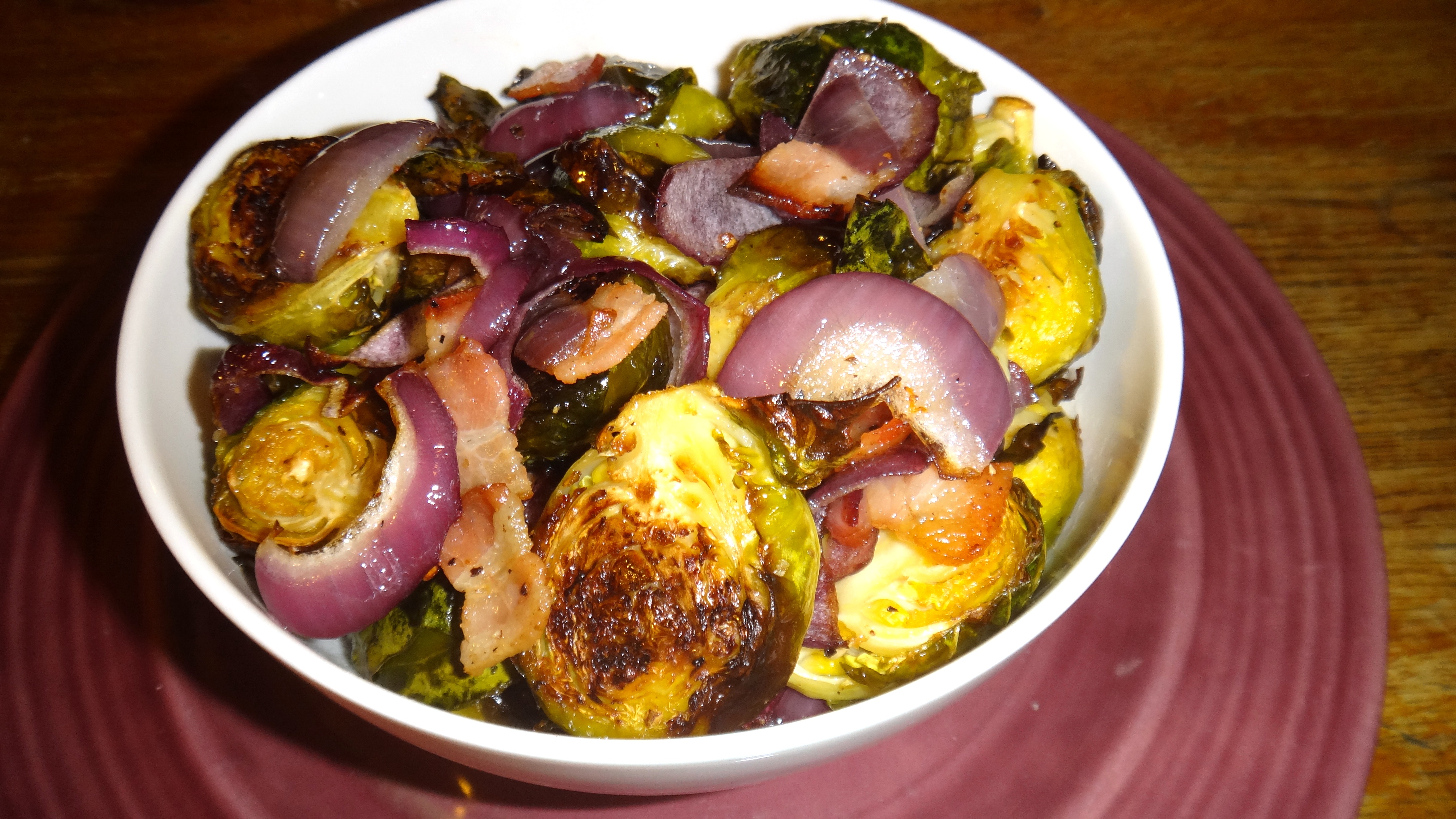 Roasted Brussels Sprouts with Bacon and Caramelized Red Onion