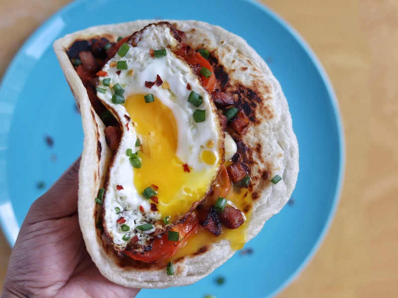 Bacon Egg and Cheese Breakfast Paratha Taco Indulgent Eats Dining