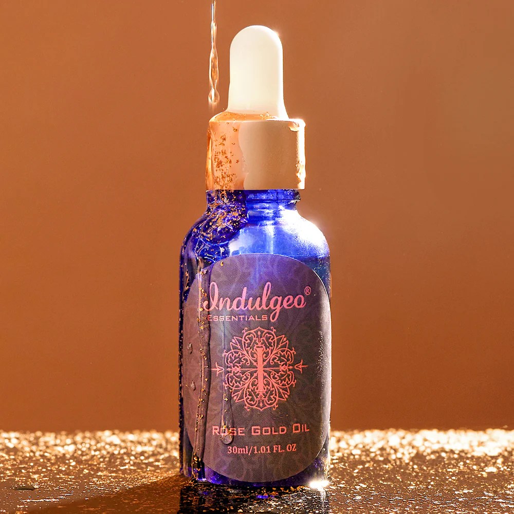 Rose Gold Oil with Real 24K Gold Flakes Luxury Beauty Blend Indulgeo