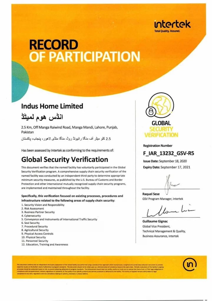 Certifications INDUS HOME LTD
