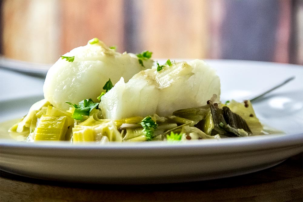 Skillet Braised Cod With Pub Style Mustard & Leeks Recipe