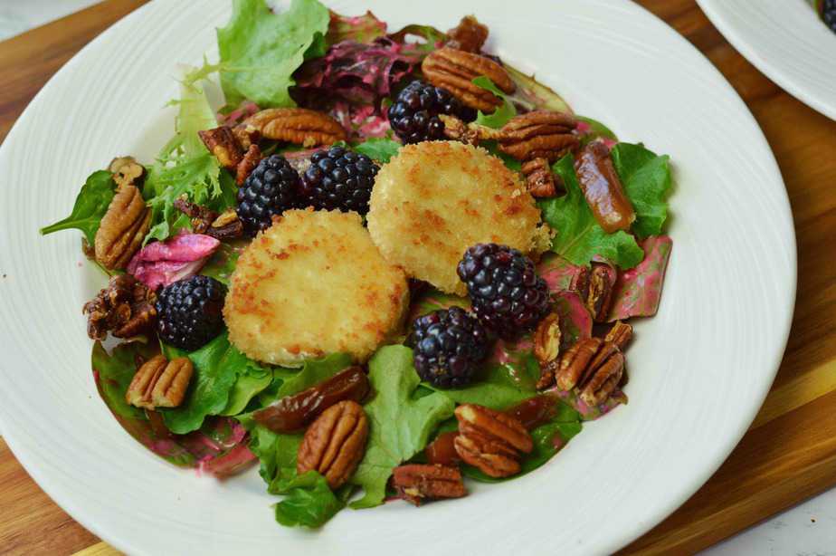 Warm Goat Cheese and Spiced Pecan Salad with Blackberry Vinaigrette
