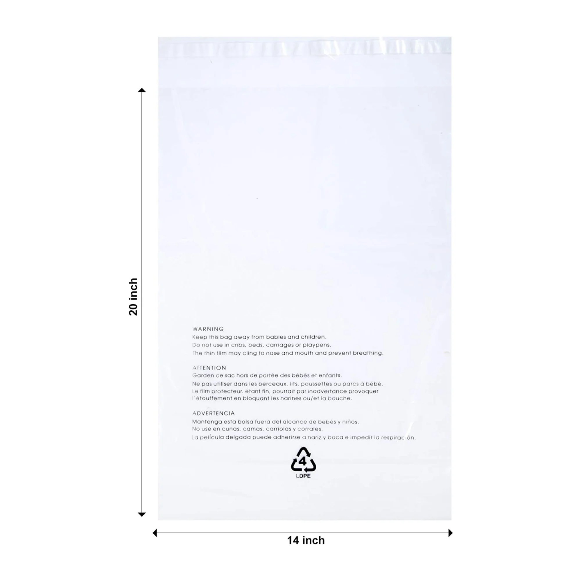 14X20 Clear Poly Bags With Permanent Self Seal & Suffocation Warning