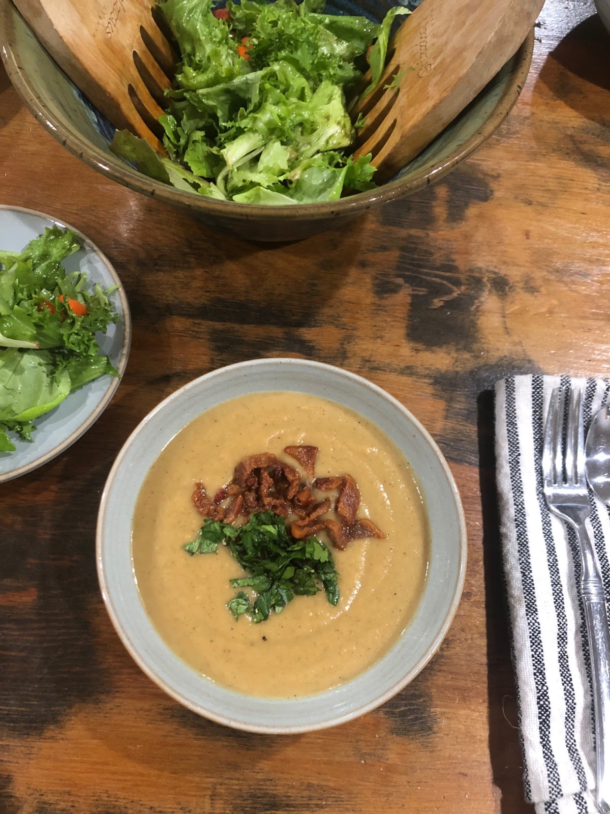 Roasted Winter Vegetable Soup with Guanciale and Celery Salad Topping Clemson Area Food Exchange