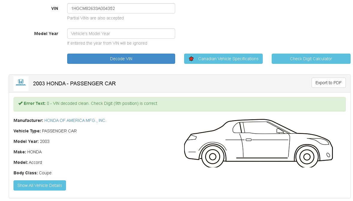 Vehicle Identification Number (VIN) Decoding
