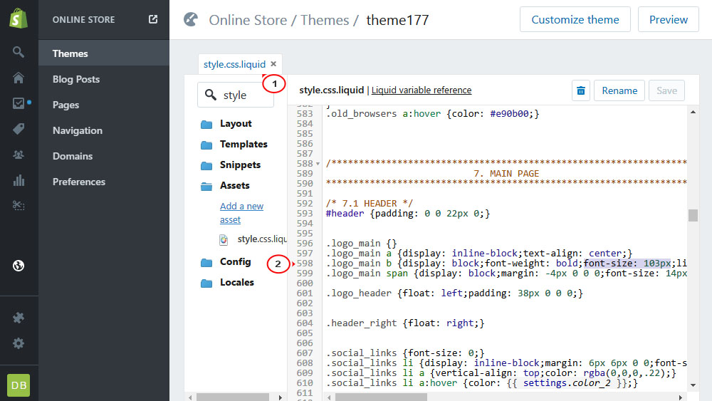 Shopify. How to change the text logo and its size