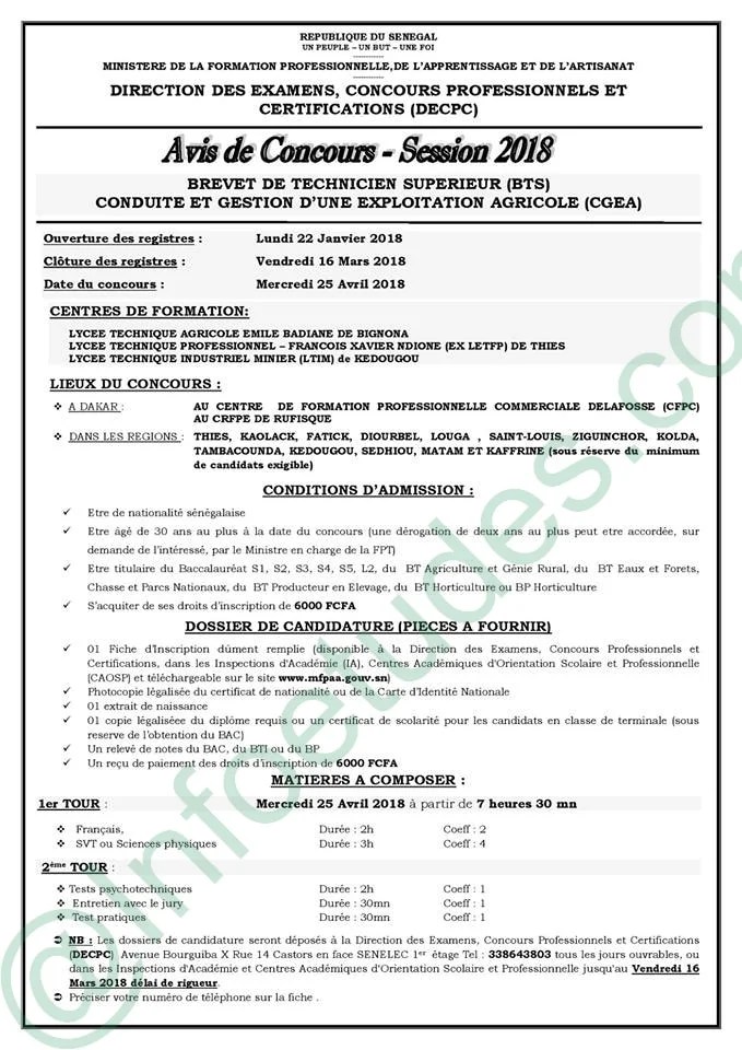 Concours 2018 BTS Conduite et Gestion d'une exploitation agricole
