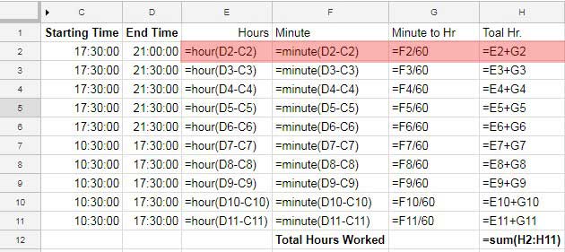 Payroll Hours Time Calculation in Google Sheets Using Time Functions