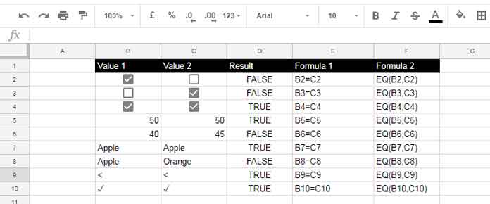 Comparison Operators in Google Sheets and Equivalent Functions