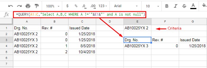 Not Equal to in Query in Google Sheets Using Comparison Operators