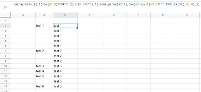 Array Formula to Fill Blank Cells With the Values Above in Google Sheets