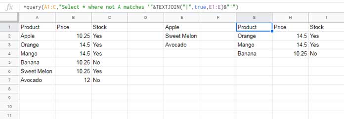The Alternative to SQL IN Operator in Google Sheets Query (Also Not IN)