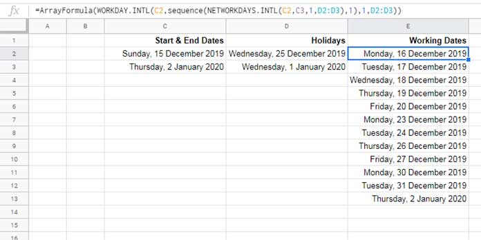 Return All Working Dates Between Two Dates in Google Sheets