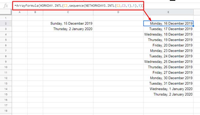 Return All Working Dates Between Two Dates in Google Sheets