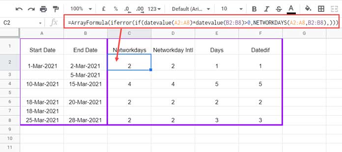 How To Calculate Number of Days Ignoring Blank Cells In Google Sheets
