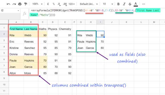 DGET Array Formula in Google Sheets (RowWise Expanding Result)