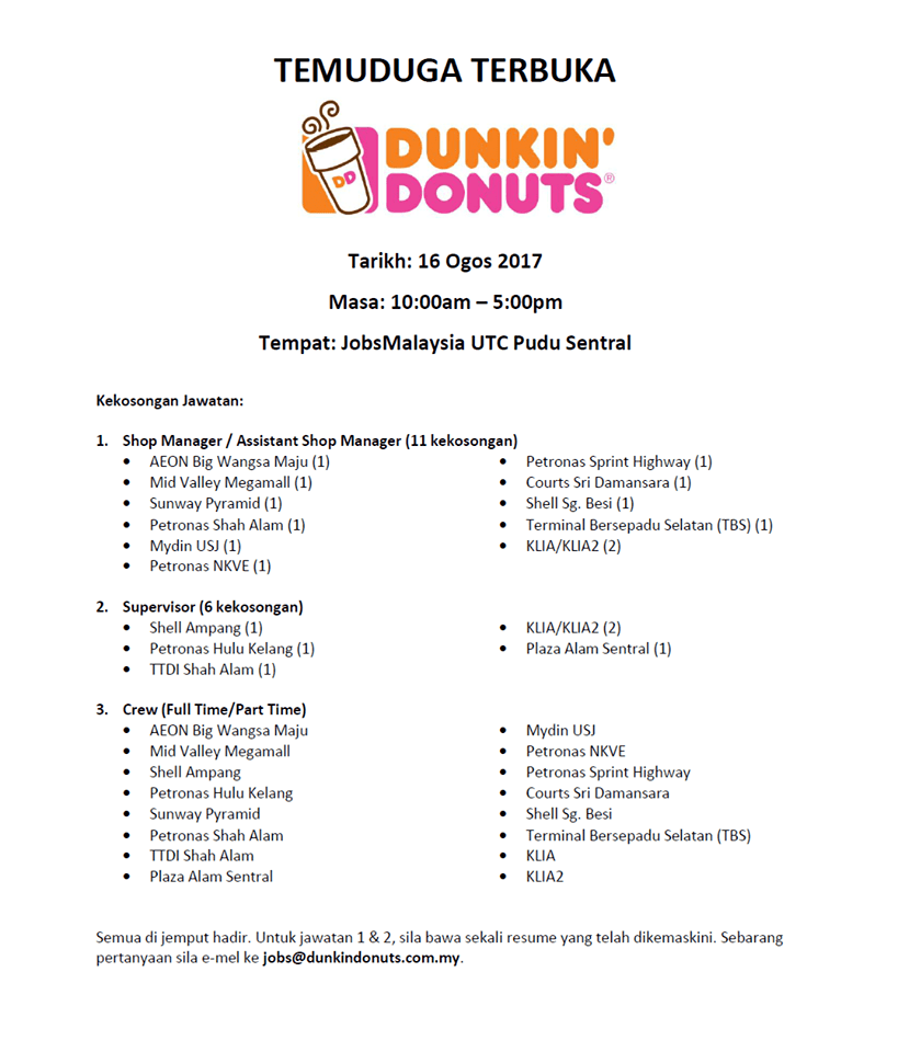 Job Vacancies 2017 at Dunkin’Donuts Malaysia Jawatan Kosong 2021
