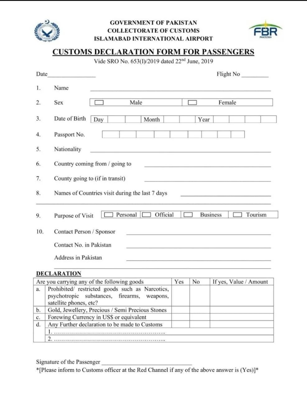 Currency Declaration form. Info Omni