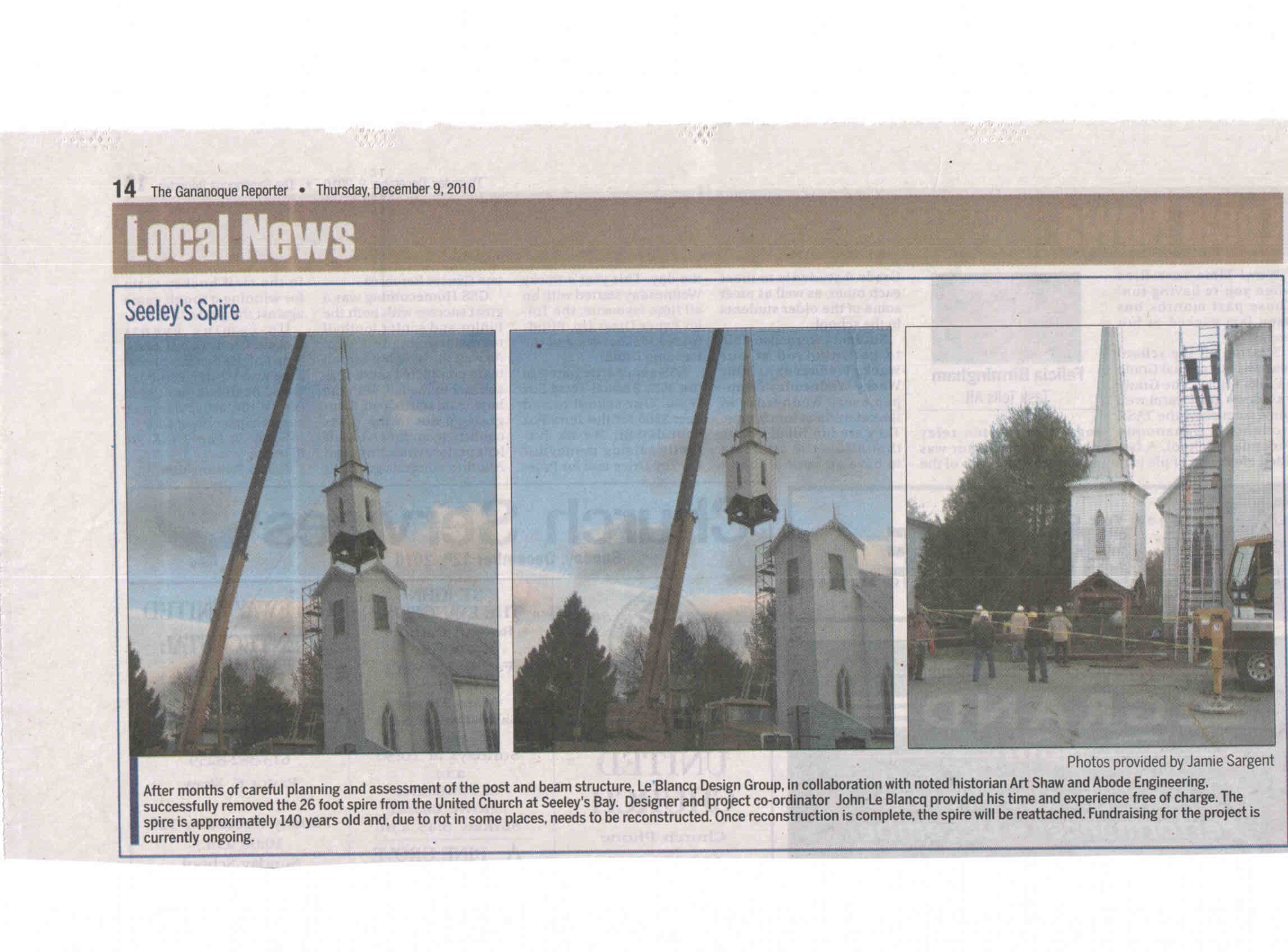 Spire Straits Seeley’s Bay United Church Restoration In Gananoque