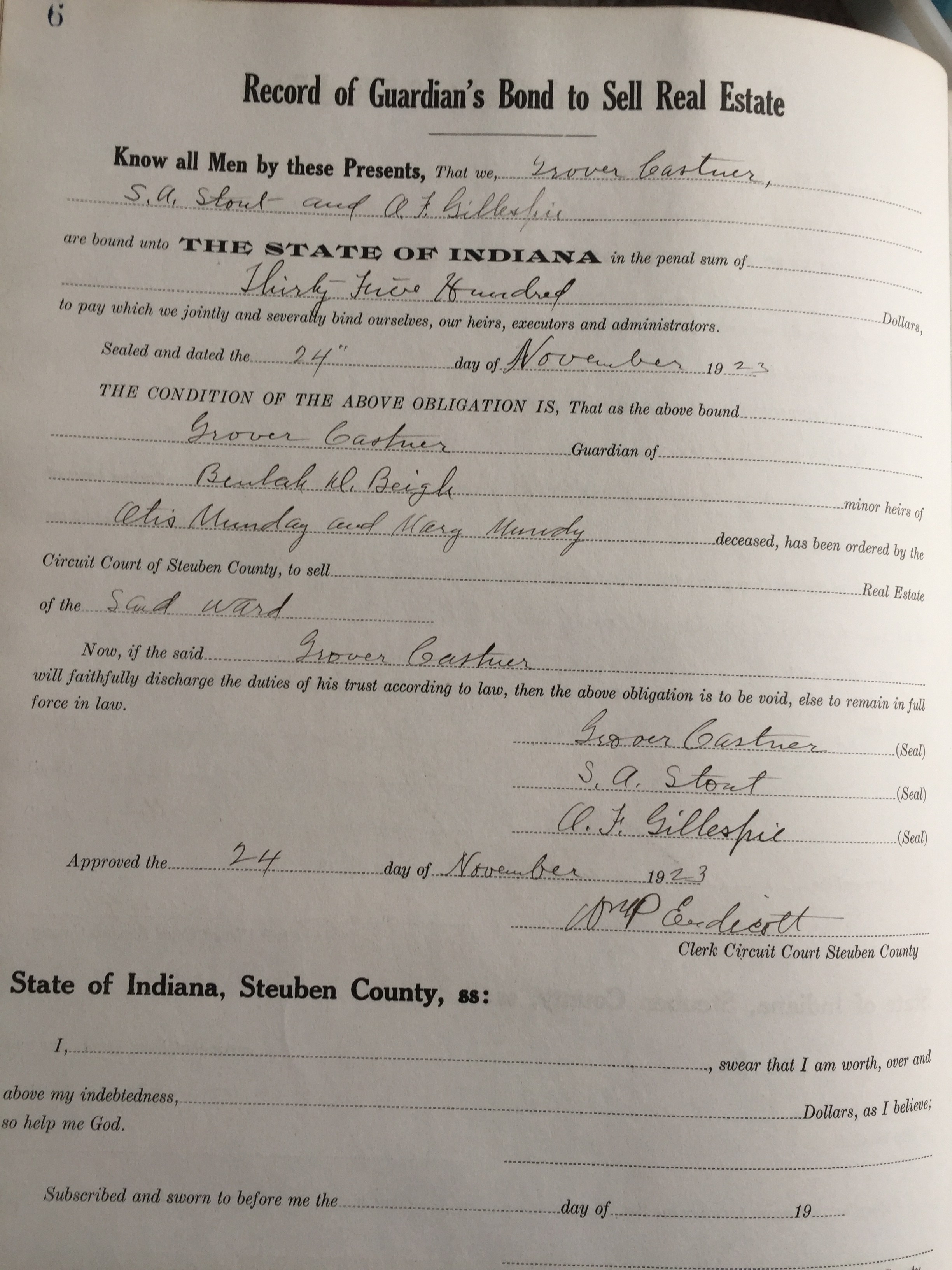 Steuben County Record of Guardian Bond to Sell Real Estate Book 1