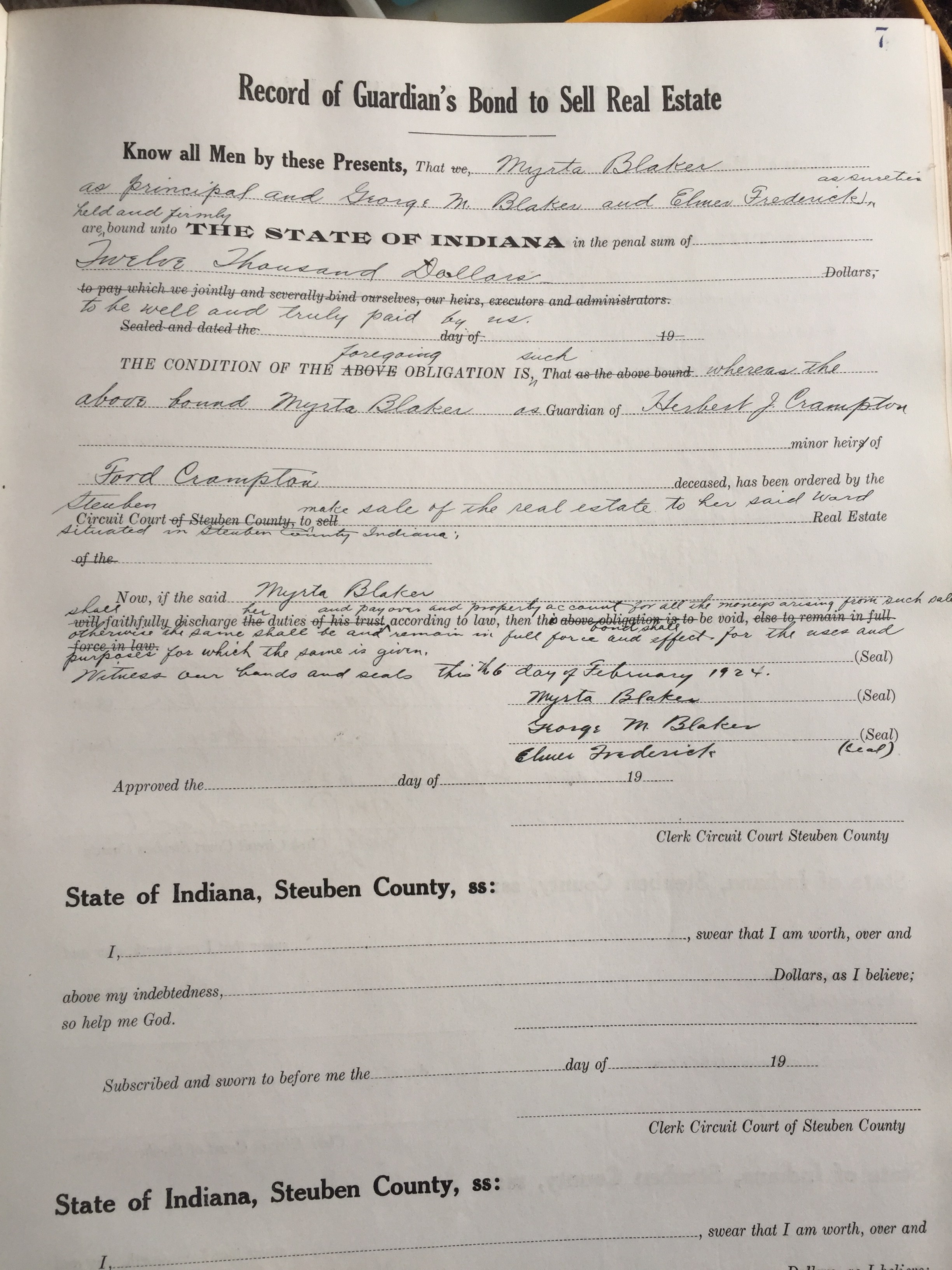 Steuben County Record of Guardian Bond to Sell Real Estate Book 1