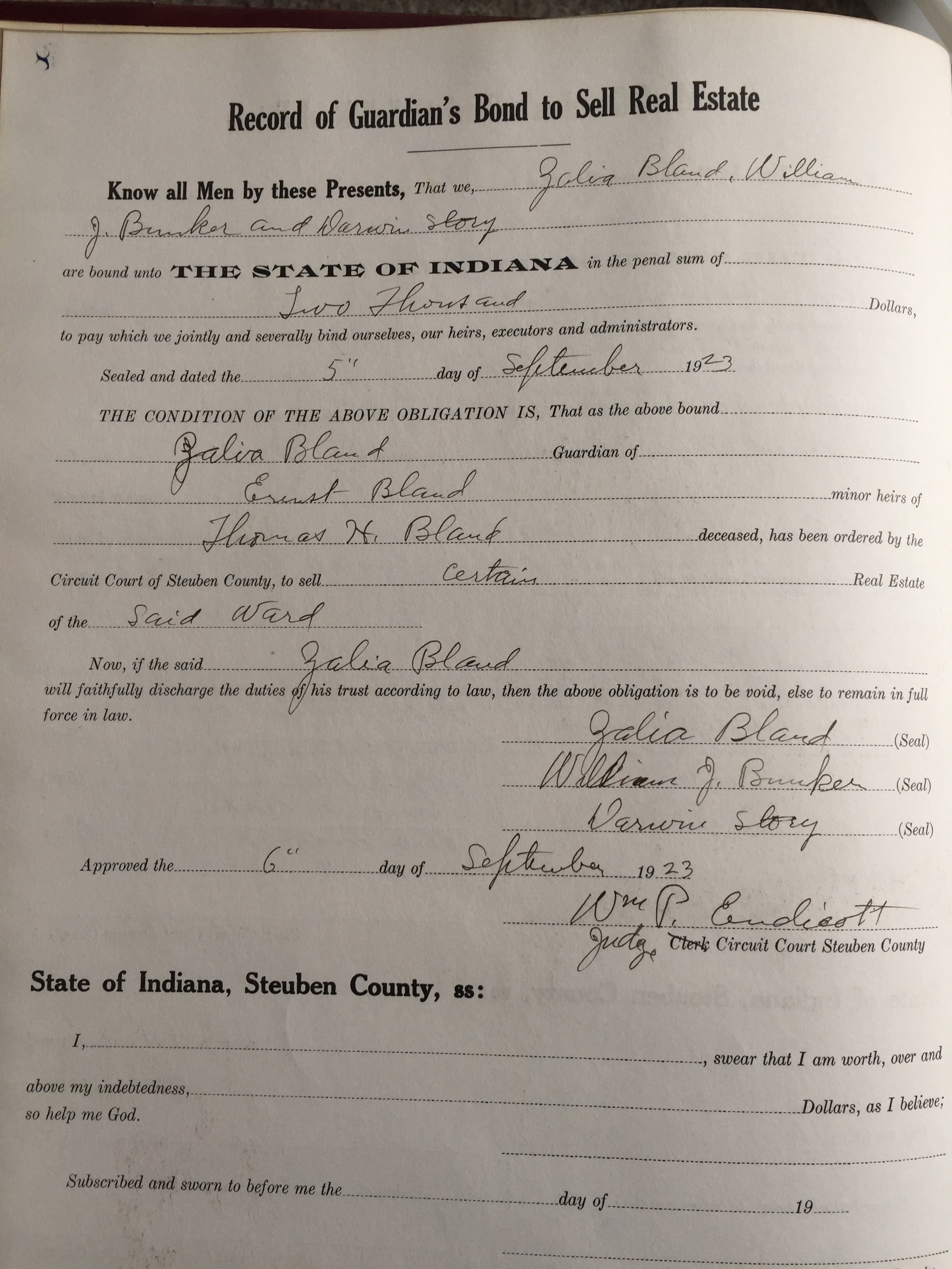Steuben County Record of Guardian Bond to Sell Real Estate Book 1