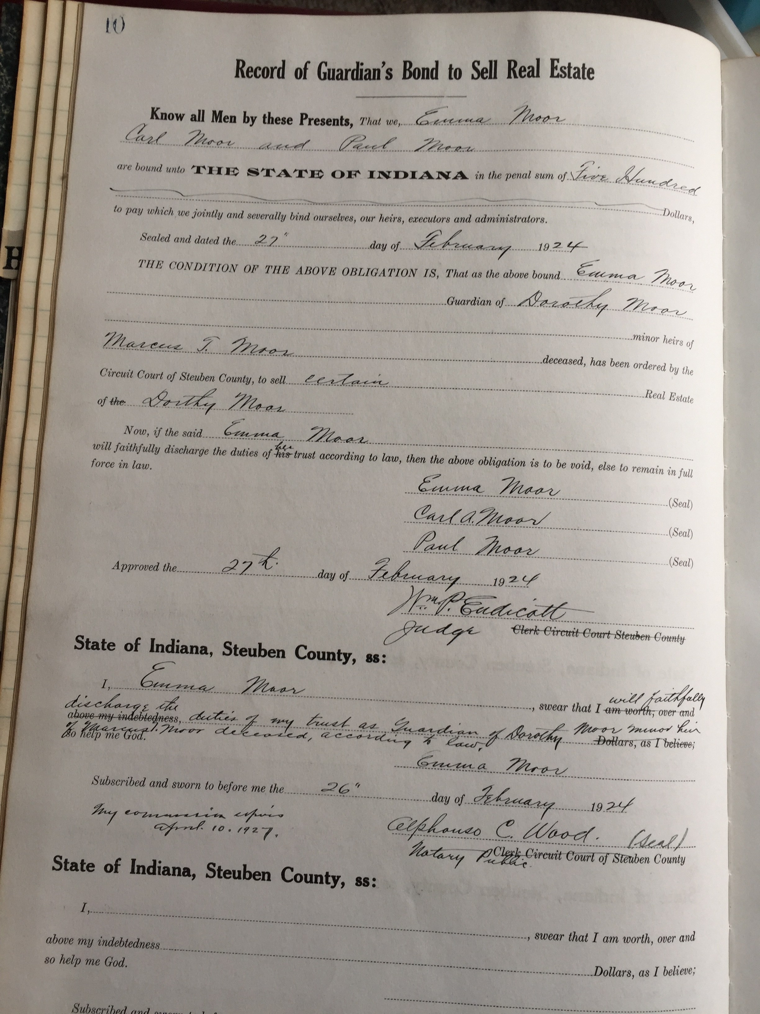 Steuben County Record of Guardian Bond to Sell Real Estate Book 1