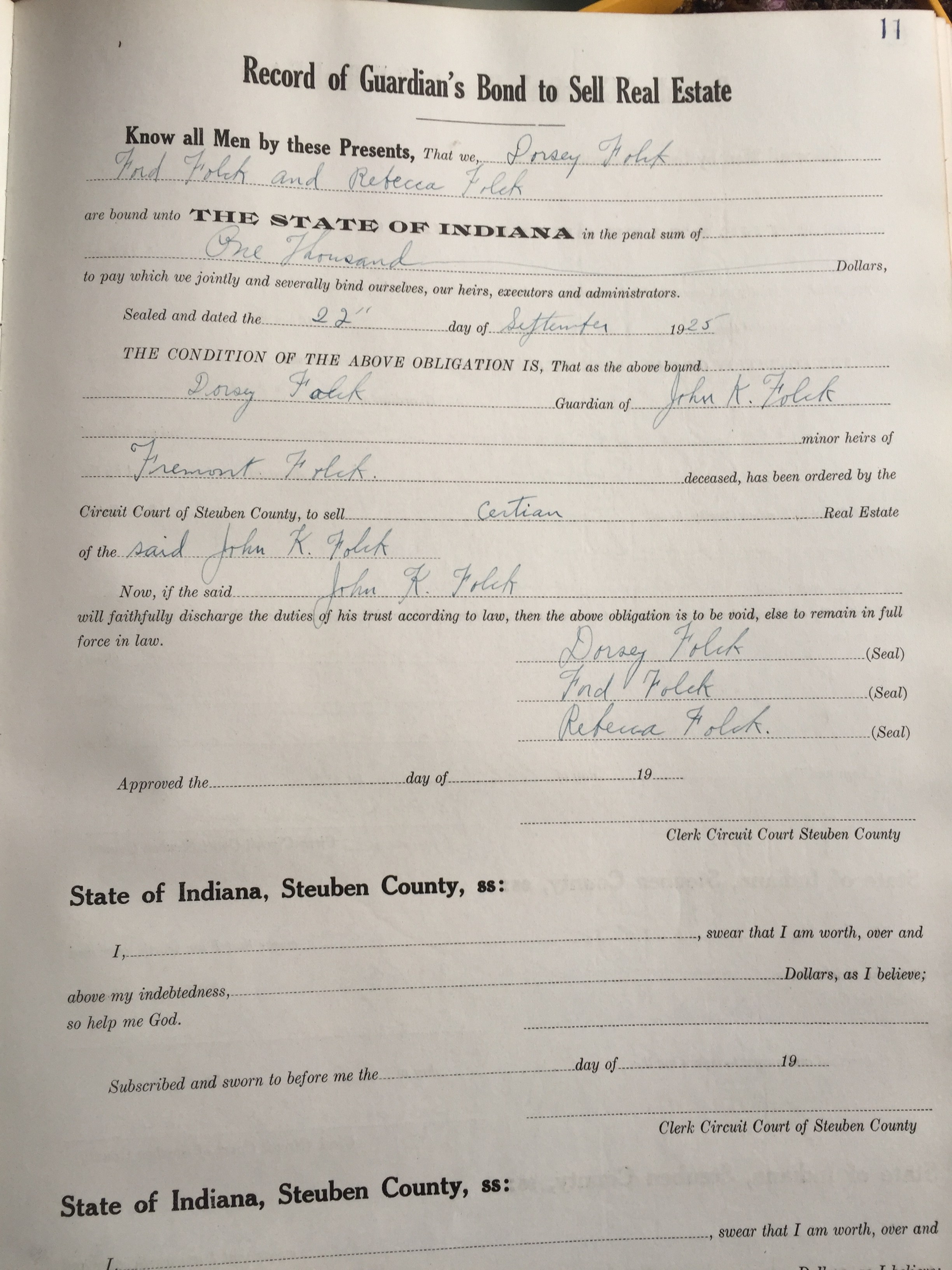 Steuben County Record of Guardian Bond to Sell Real Estate Book 1
