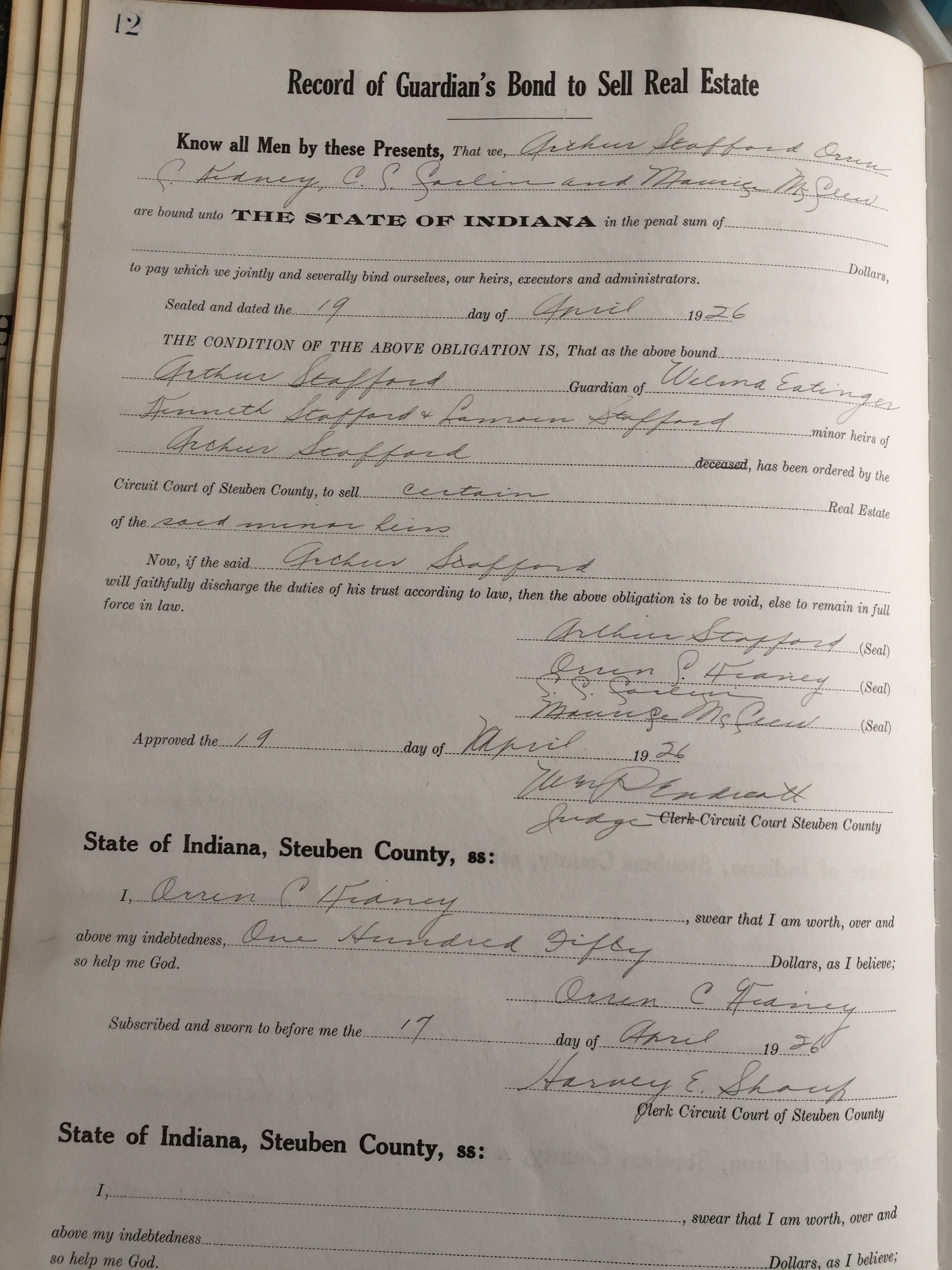 Steuben County Record of Guardian Bond to Sell Real Estate Book 1