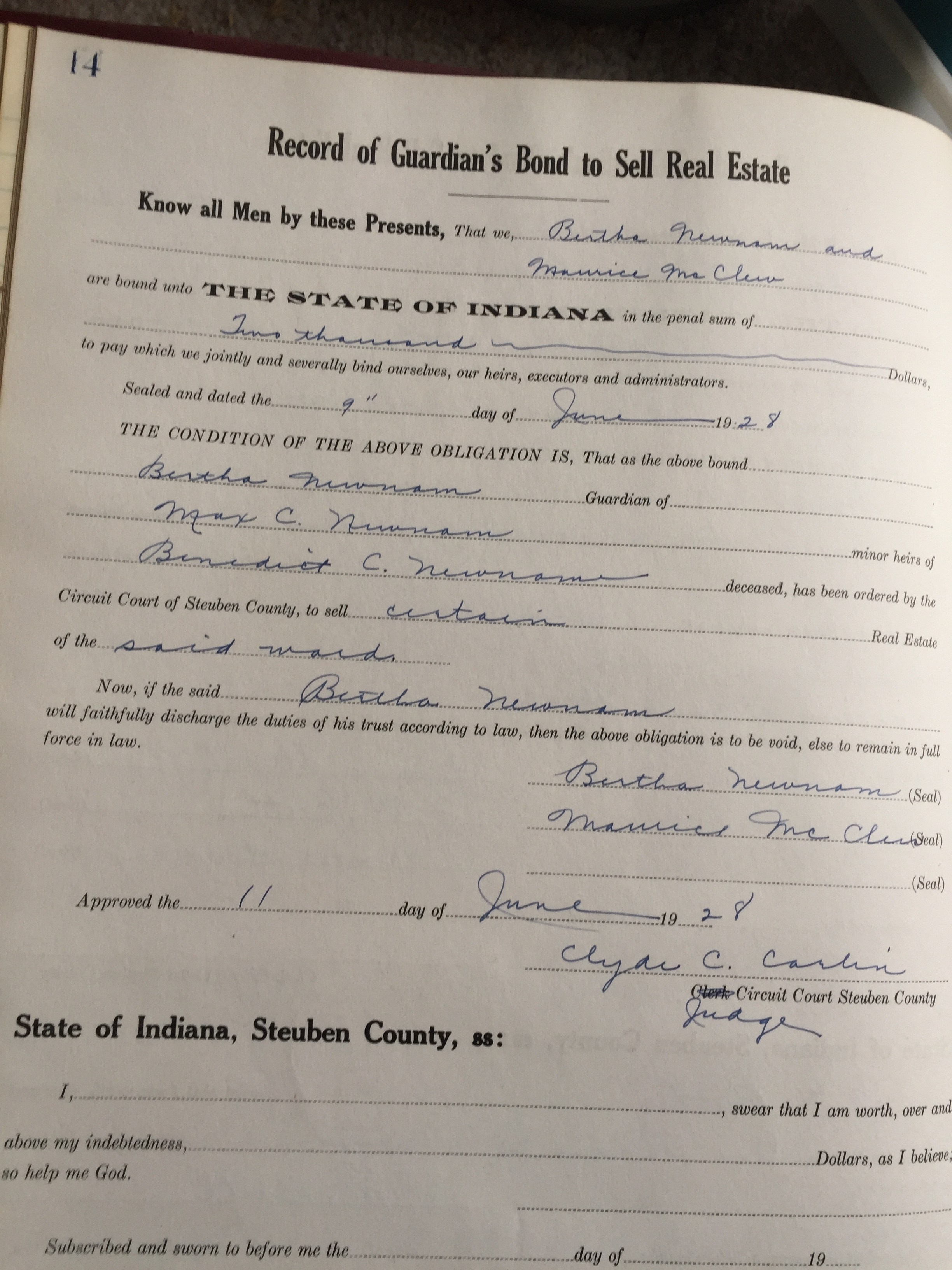 Steuben County Record of Guardian Bond to Sell Real Estate Book 1