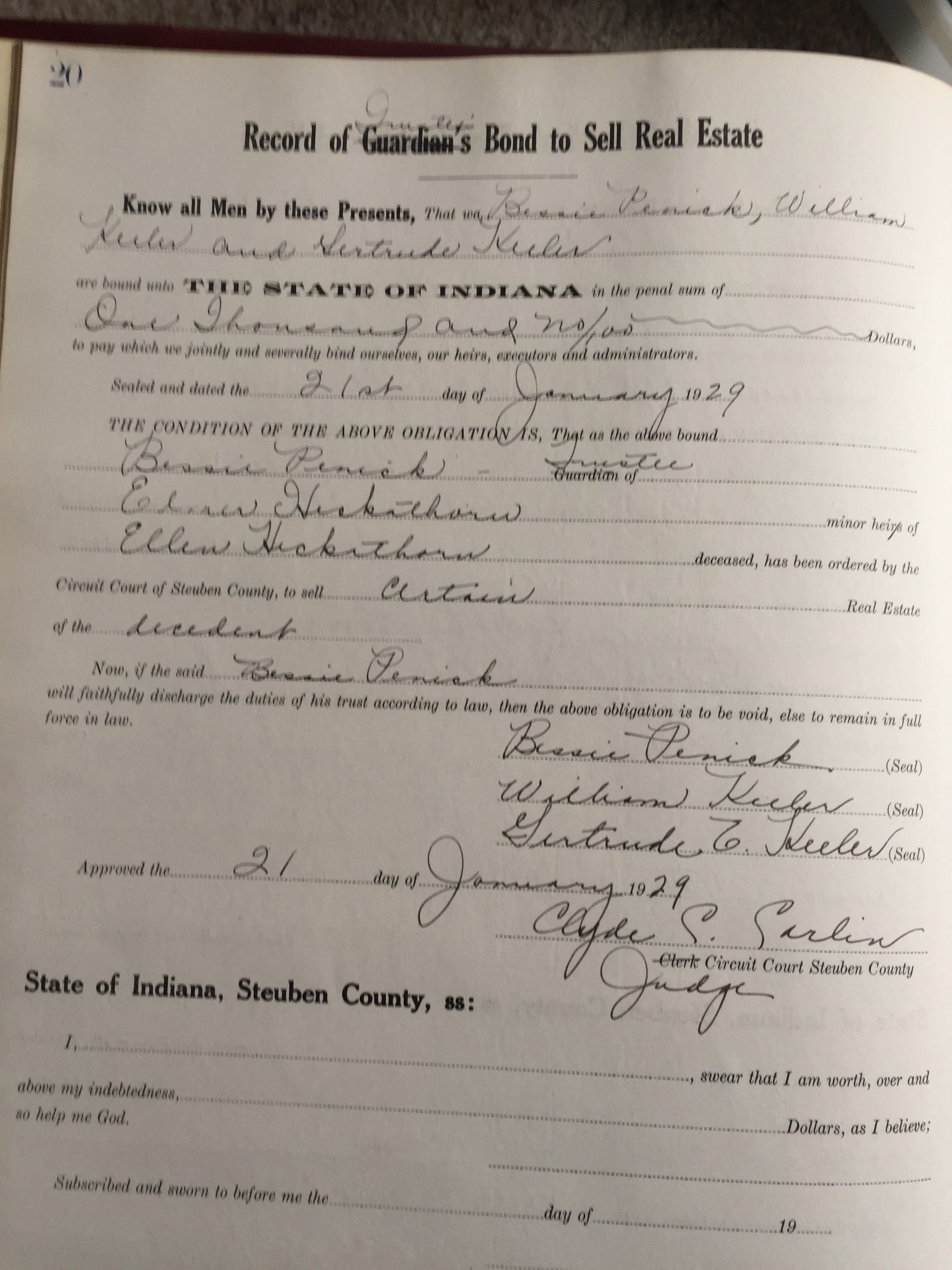 Steuben County Record of Guardian Bond to Sell Real Estate Book 1