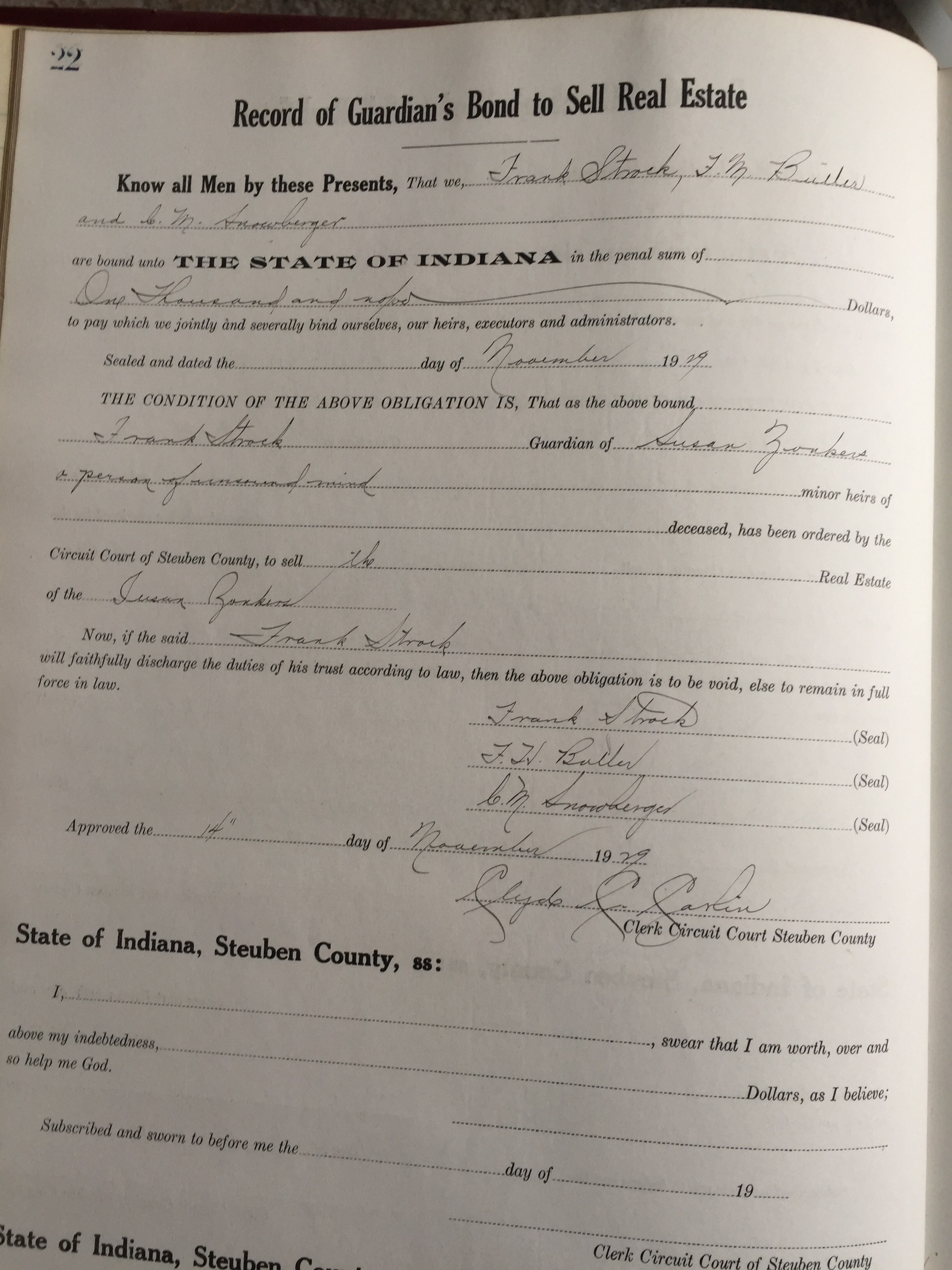 Steuben County Record of Guardian Bond to Sell Real Estate Book 1