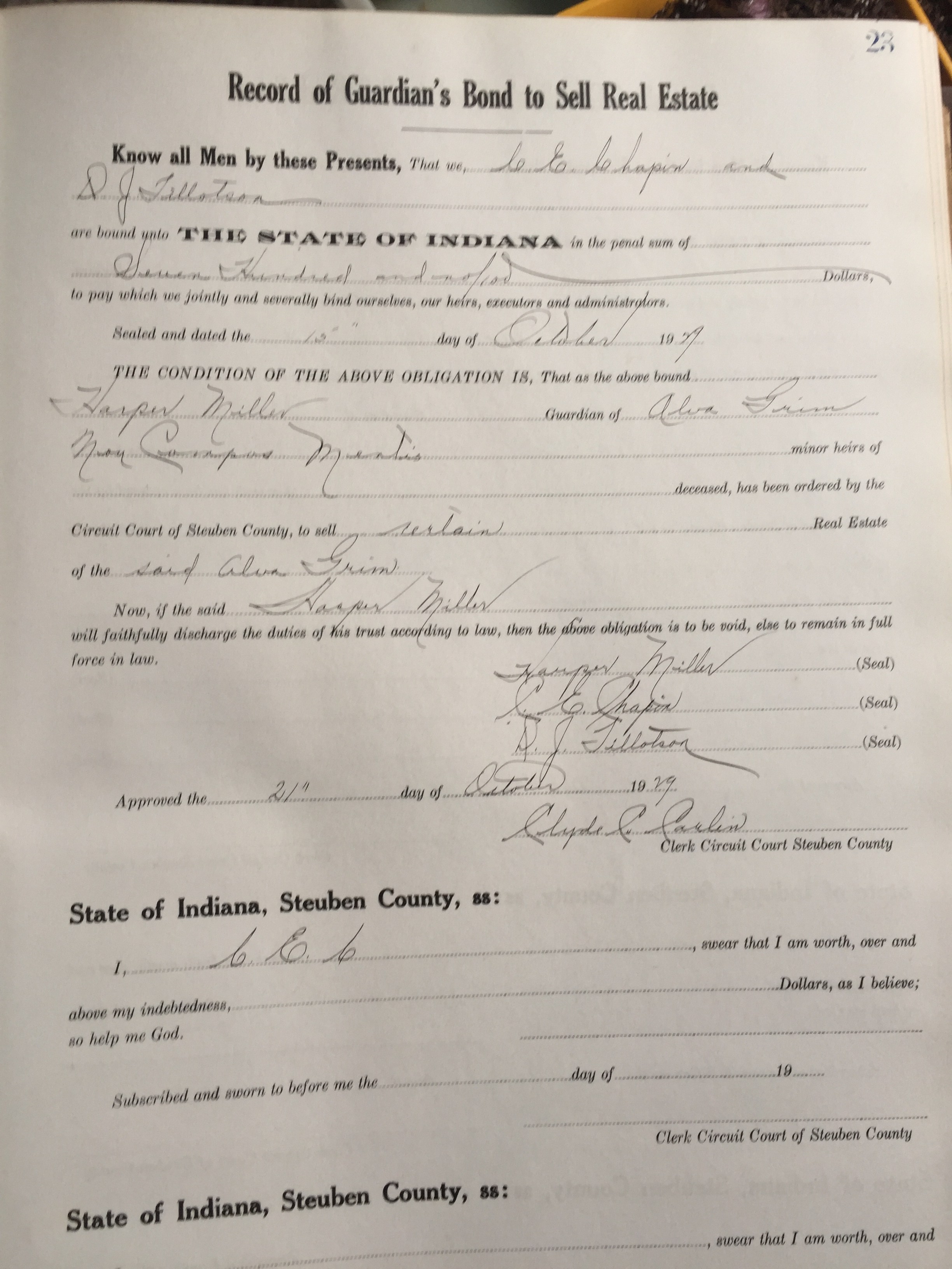 Steuben County Record of Guardian Bond to Sell Real Estate Book 1
