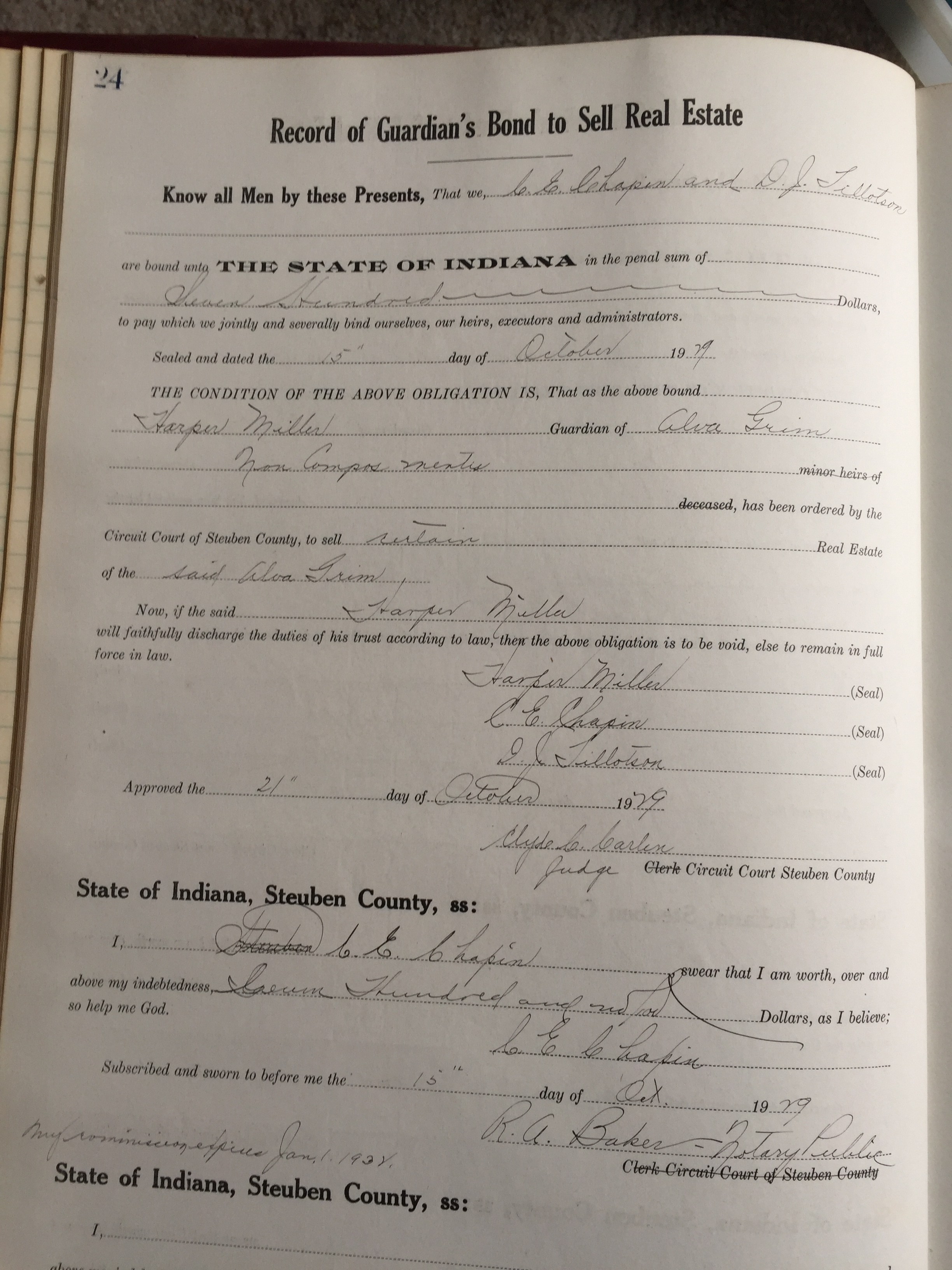 Steuben County Record of Guardian Bond to Sell Real Estate Book 1