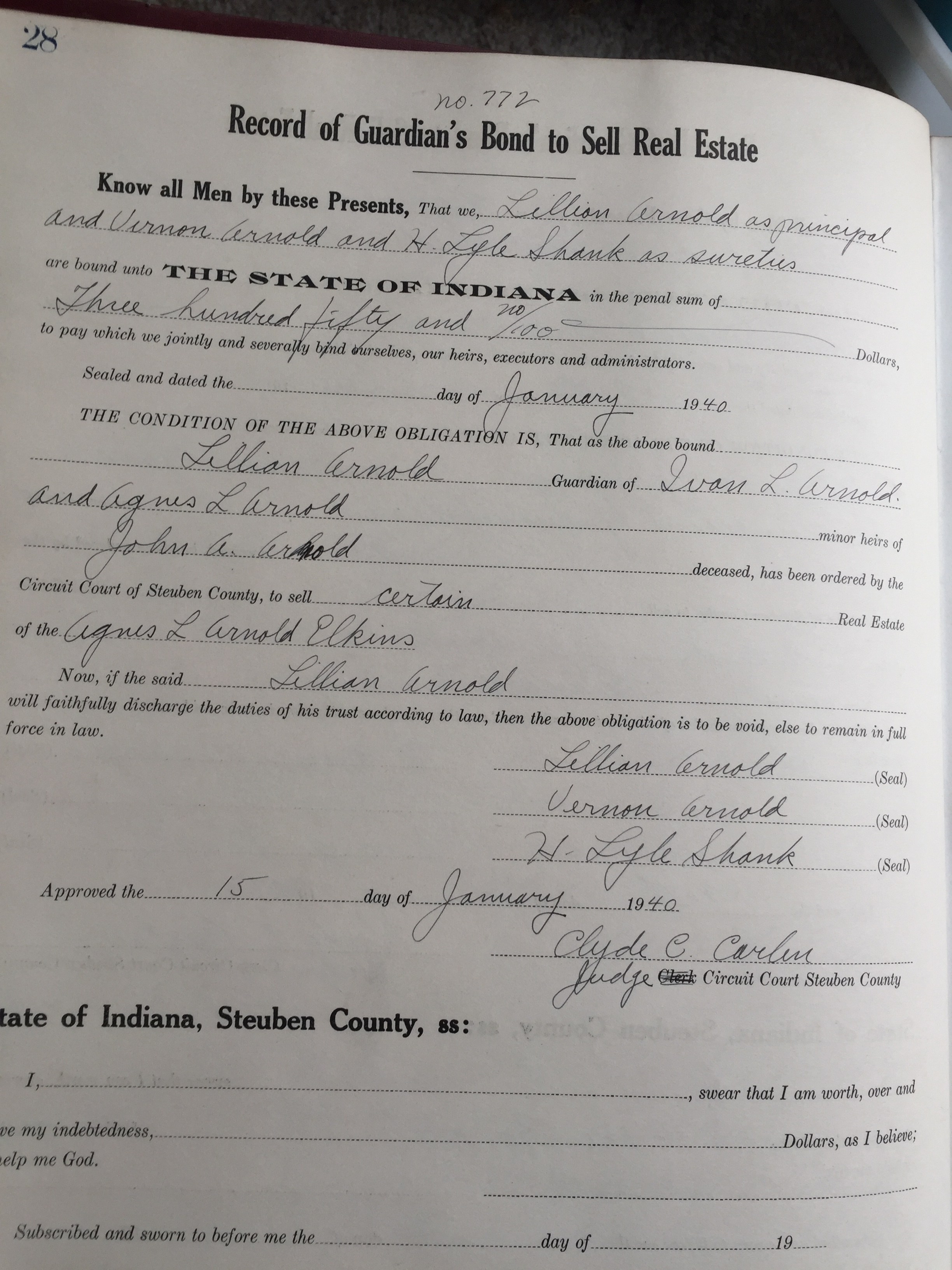 Steuben County Record of Guardian Bond to Sell Real Estate Book 1