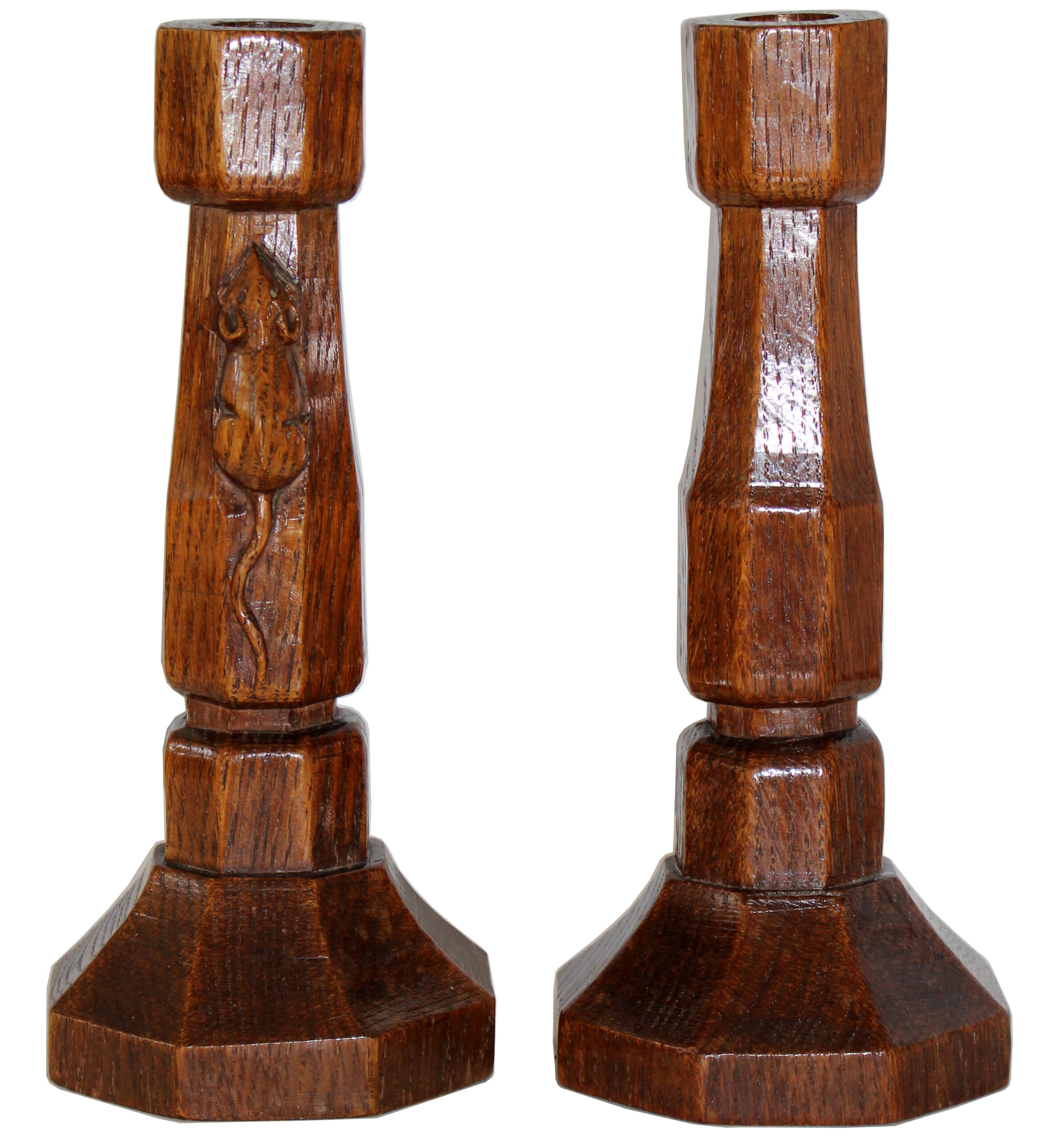 ROBERT MOUSEMAN THOMPSON PAIR OF EARLY OAK CANDLESTICKS