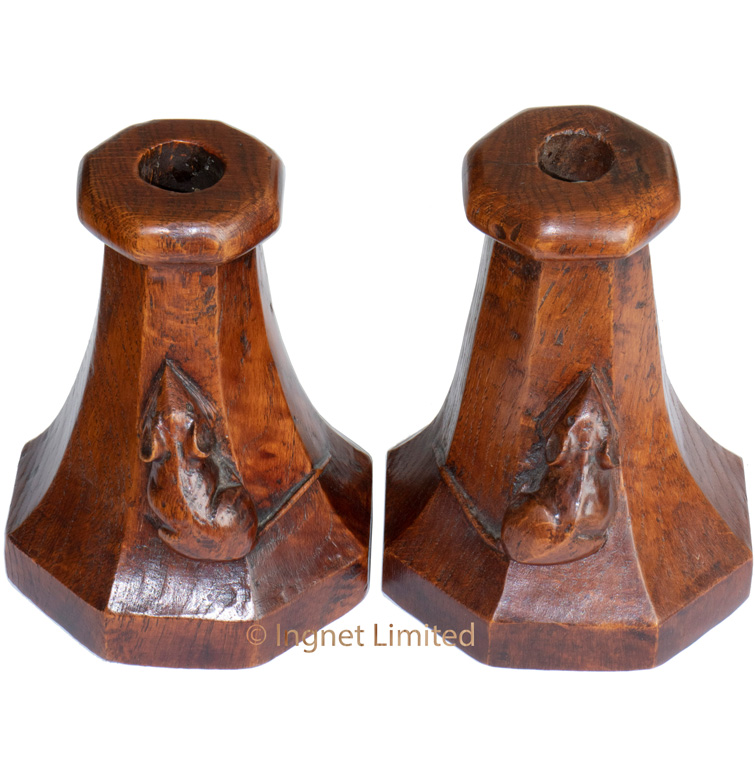 A PAIR OF EARLY ROBERT MOUSEMAN THOMPSON OAK CANDLESTICKS
