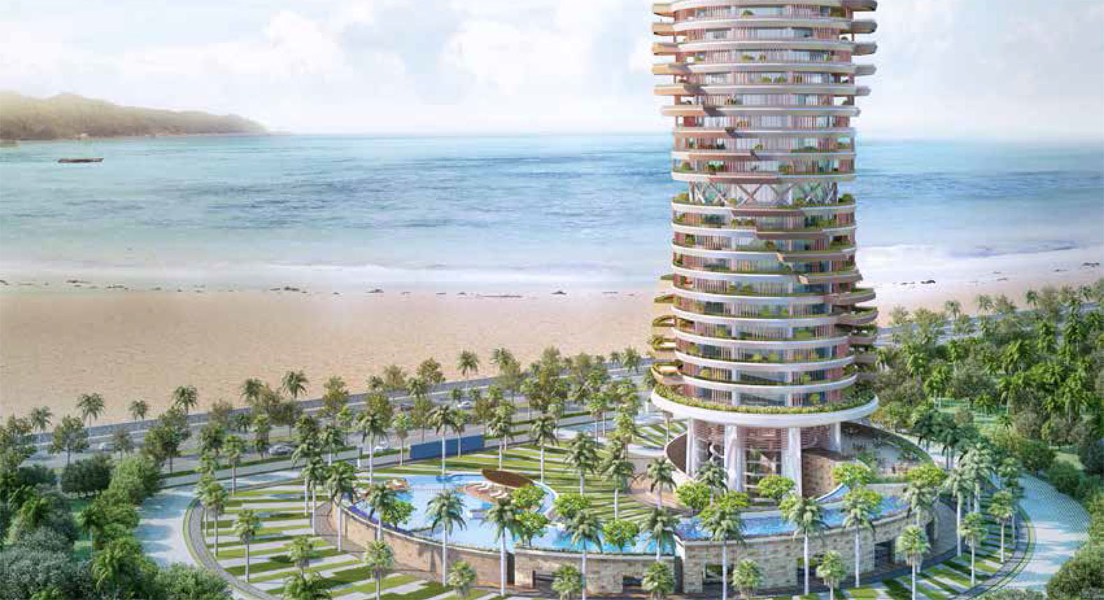 A layer of vegetation wraps around this tower in Abu Dhabi