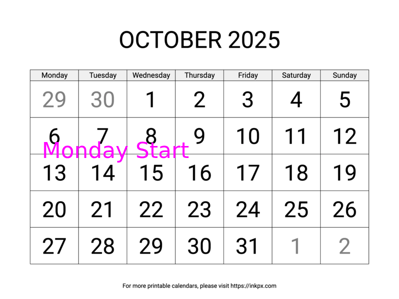 Free Printable Large October 2025 Calendar (Monday Start) · InkPx