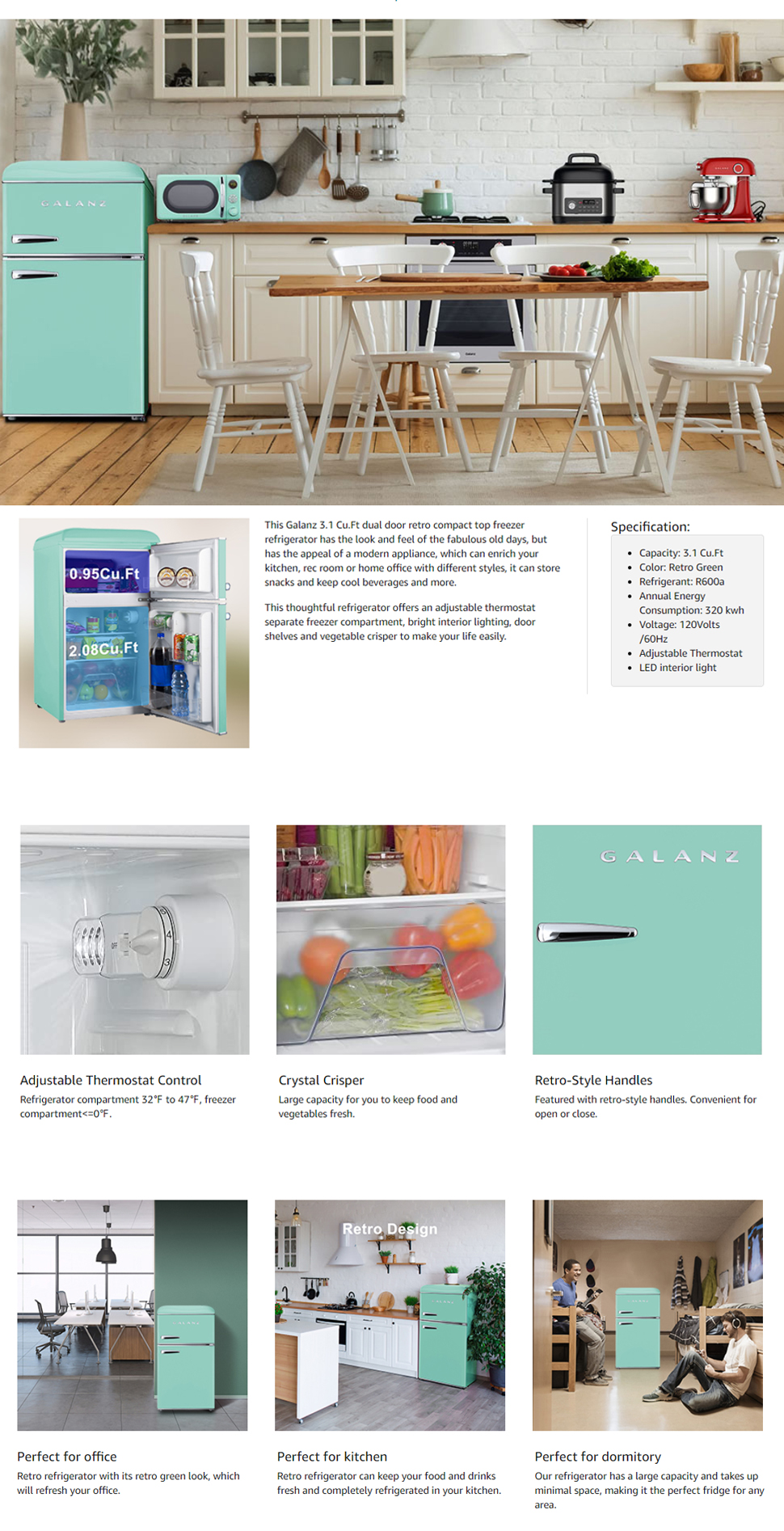 Galanz 3.1 cu. ft. Retro Mini Fridge with Dual Door True Freezer in