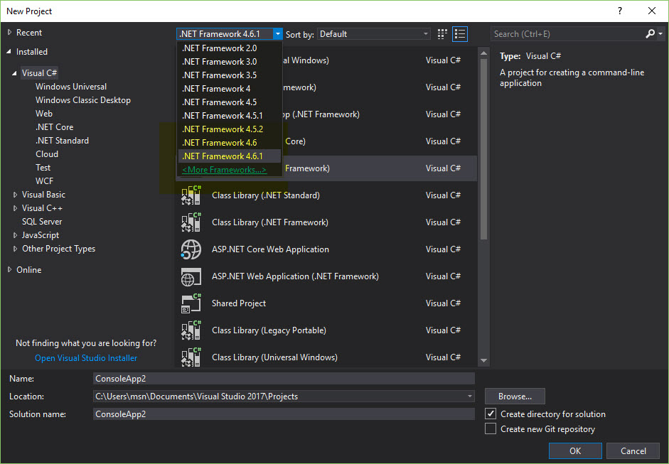 NET version 462 and 47 option missing from Visual Studio