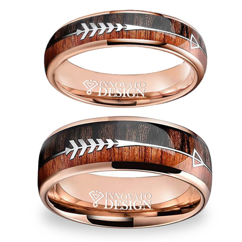 His & Her 6mm/8mm Tungsten Carbide Wedding Bands Arrow And Double Wood