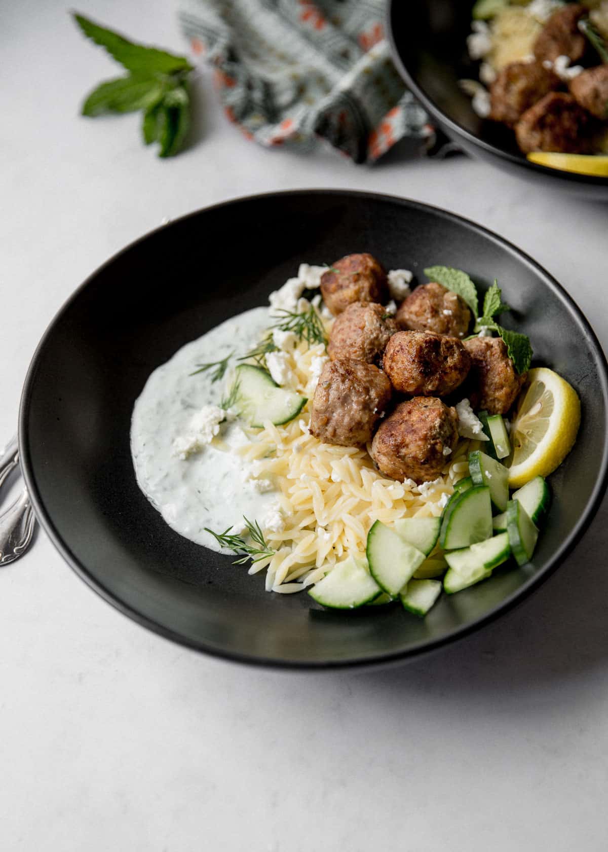 Greek Turkey Meatballs with Orzo and Tzatziki
